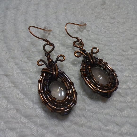 Rustic ROSE QUARTZ Handmade Copper Wire-Wrapped Dangle Earrings #851C - Picture 2 of 3